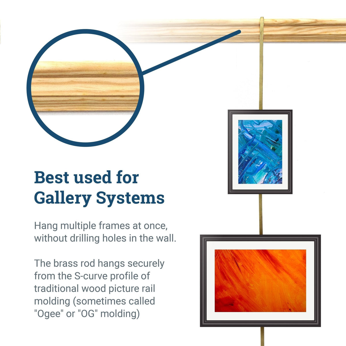 Brass Gallery Rod for Picture Rail Molding - 3 foot Rod for Hanging Multiple Frames and Photo Wall Collage - S - BGS - OGROD3 - Picture Hang Solutions